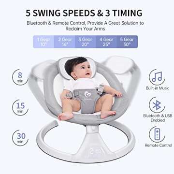 Bellababy Bluetooth Baby Swing for Infants, Compact & Portable, Intelligent Auto-Sensing, 5 Speed, 10 Lullabies, Remote Control, USB Plug-in Power, Indoor/Outdoor, 5-25 lb, 0-9 Months Gray