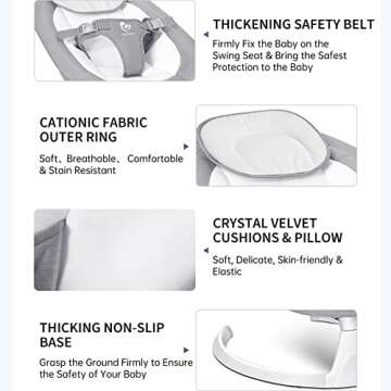 Bellababy Bluetooth Baby Swing for Infants, Compact & Portable, Intelligent Auto-Sensing, 5 Speed, 10 Lullabies, Remote Control, USB Plug-in Power, Indoor/Outdoor, 5-25 lb, 0-9 Months Gray