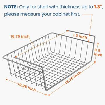 Under Shelf Basket, Pantry Organization and Storage Anti Rust White Wire Storage Basket for Pantry Cabinet Closet Desk Bookshelf Cupboard, 4 Pack, Grey
