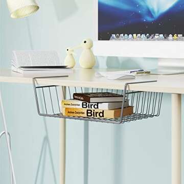 Under Shelf Basket, Pantry Organization and Storage Anti Rust White Wire Storage Basket for Pantry Cabinet Closet Desk Bookshelf Cupboard, 4 Pack, Grey