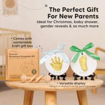 Baby Hand and Footprint Kit -Personalized Baby First Christmas Ornament,Baby Footprint Kit for Toddlers,Baby Keepsake Handprint Ornament Making Kit, Baby Shower Gifts for Newborns(Gold Paint, Cherish)