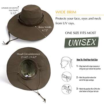 Wide Brim Waterproof Sun Bucket Hats for Women UPF 50+ Mens Safari Hat UV Protection Packable Boonie Summer Outdoor Beach Cap Brown