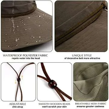 Wide Brim Waterproof Sun Bucket Hats for Women UPF 50+ Mens Safari Hat UV Protection Packable Boonie Summer Outdoor Beach Cap Brown