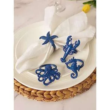 Utalek Coastal Theme Sea Creatures Napkin Rings Starfish Sea Shells Metal Napkin Rings Set of 6 for ...