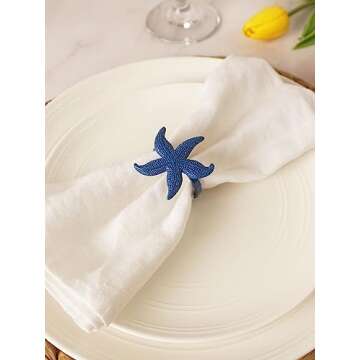 Utalek Coastal Theme Sea Creatures Napkin Rings Starfish Sea Shells Metal Napkin Rings Set of 6 for Dinner Party, Summer, Wedding, Beach Table Decor, Family Gatherings, or Everyday Use (6, Blue)