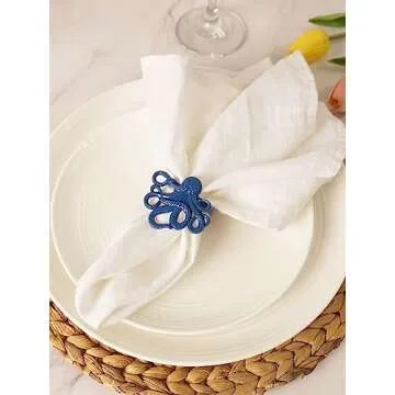 Utalek Coastal Theme Sea Creatures Napkin Rings Starfish Sea Shells Metal Napkin Rings Set of 6 for Dinner Party, Summer, Wedding, Beach Table Decor, Family Gatherings, or Everyday Use (6, Blue)