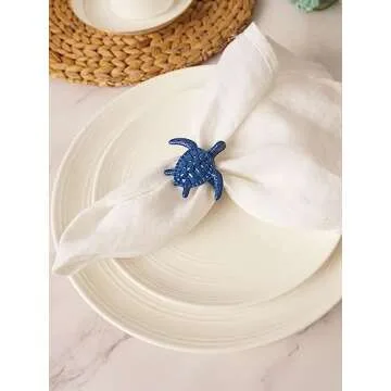 Utalek Coastal Theme Sea Creatures Napkin Rings Starfish Sea Shells Metal Napkin Rings Set of 6 for Dinner Party, Summer, Wedding, Beach Table Decor, Family Gatherings, or Everyday Use (6, Blue)
