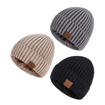 Nertpow Men's 3-Pack Thermal Fleece Lined Knit Beanie Hats for Winter
