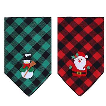 2 Pack Christmas Dog Plaid Bandana with Santa Snowman Appliques,Pet Dog Puppy Holiday Scarf