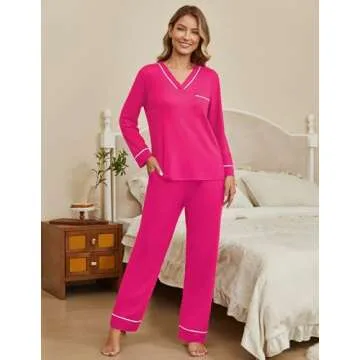Ekouaer Women's Pajamas Sets 2 piece PJs V Neck Long Sleeve Sleepwear Comfy Pants Loungewear with Po...