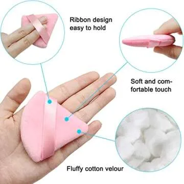 12 Pieces Pink Cosmetic Powder Puff,2.76 inch Portable Soft Sponge Setting Face Puffs,Triangle Velvet Powder Puff with Ribbon Band Handle for Loose Powder Body Powder Makeup Tool