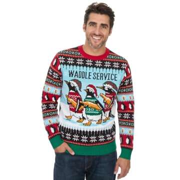 The Ugly Sweater Co. Ugly Christmas Sweater for Holiday Fun Tacky Unisex Design, Perfect Snug Fit Breathable Crewneck (Black - Waddle Service, Large)