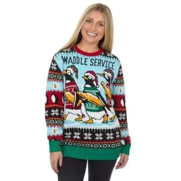 The Ugly Sweater Co. Ugly Christmas Sweater for Holiday Fun Tacky Unisex Design, Perfect Snug Fit Breathable Crewneck (Black - Waddle Service, Large)