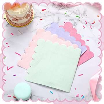 Kosiz Scalloped Edged Cocktail Napkins Pastel Paper Napkins Disposable Colorful for Party Wedding Shower Baby Beverage Dinner Birthday 5 x 5 Inches, 4 Macaron Colors(100 Pieces)