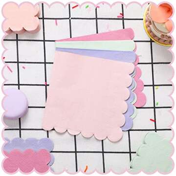 Kosiz Scalloped Edged Cocktail Napkins Pastel Paper Napkins Disposable Colorful for Party Wedding Shower Baby Beverage Dinner Birthday 5 x 5 Inches, 4 Macaron Colors(100 Pieces)