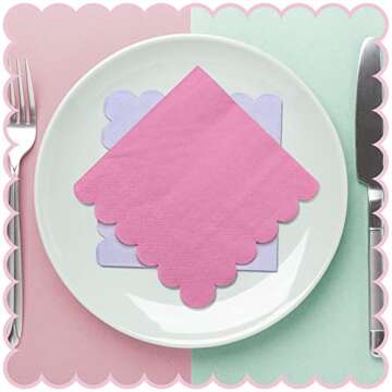 Kosiz Scalloped Edged Cocktail Napkins Pastel Paper Napkins Disposable Colorful for Party Wedding Shower Baby Beverage Dinner Birthday 5 x 5 Inches, 4 Macaron Colors(100 Pieces)