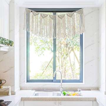 TIMEYARD Macrame Wall Hanging Curtain Valance, Macrame Tapestry Garland Banner, Boho Shabby Chic Bohemian Woven Wall Decor Living Room Dorm Bedroom Nursery Party Backdrop, 15" W x35 L, 7 Flags