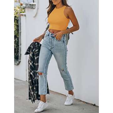 REORIA Women's Sexy Sleeveless High Neck Racerback Cropped Tank Tops Cute Teen Girls Halter Neck Crop Tops Vest Golden Medium