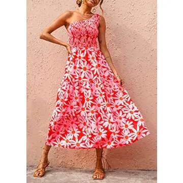 BTFBM 2025 Summer One Shoulder Dresses for Women Casual Sleeveless High Waist Floral Flowy Smocked B...