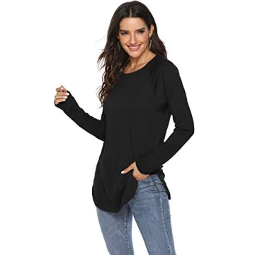Newchoice Tunic Tops for Leggings for Women Long Sleeve Crewneck Loose Soft Basic Tees (S,Black)