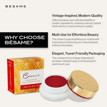 Besame Cosmetics | Crimson Cream Rouge - 1938 | Cream Blush for Cheeks + Lips with Long Wearing Matt...