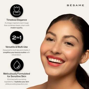 Besame Cosmetics | Crimson Cream Rouge - 1938 | Cream Blush for Cheeks + Lips with Long Wearing Matte Finish | Vintage Makeup in Reusable Tin | 2-in-1 Lip and Cheek Tint | Vegan Makeup Blush