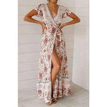 Alelly Women Wrap maxi dress Split Flowy Long cocktail dress Boho Polka Dot Summer dresses