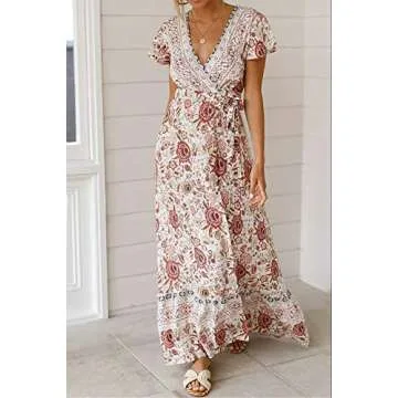 Alelly Women Wrap maxi dress Split Flowy Long cocktail dress Boho Polka Dot Summer dresses