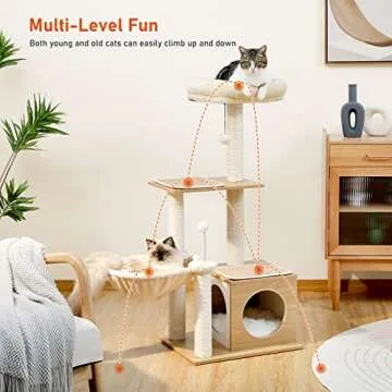 PEQULTI Cat Tree Modern Cat Tower for Indoor Cats,Multilevel Cat Play House with Large Condo, Spacious Hammock, Cozy Top Perch,Scratching Post and Dangling Balls