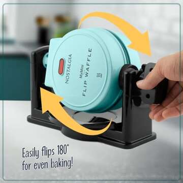 Nostalgia MyMini Flip Belgian Waffle Maker, Waffle Iron with Non-Stick Surfaces, Cool Touch Handles, & Removable Drip Tray, Makes Classic Belgian Style Waffles, Egg Bakes, Cinnamon Rolls, Aqua