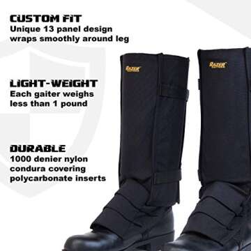 Razer Snake Gaiters for Hiking, Hunting - Snake Bite Protection Guards for Lower Legs with Storage Bag, Heavy Duty, Adjustable Lightweight Flexible Design fits Men, Women - Lab Tested in USA (Black)