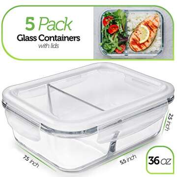 PrepNaturals 5 Pack 36 Oz Glass Meal Prep Containers - Dishwasher Microwave Freezer Oven Safe - Glas...