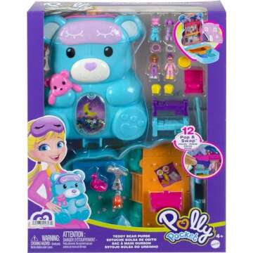 Polly Pocket 2-in-1 Travel Toy, 2 Micro Dolls & 16 Accessories, Teddy Bear Purse Playset with Sleepover Theme