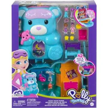 Polly Pocket 2-in-1 Travel Toy, 2 Micro Dolls & 16 Accessories, Teddy Bear Purse Playset with Sleepover Theme