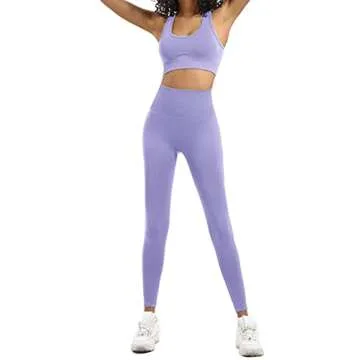 HAODIAN Women's Yoga Outfits 2 Piece High Waisted Leggings with Sports Bra Gym Clothes Sets(Sakura Purple,L)
