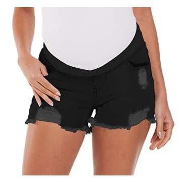 V VOCNI Maternity Women's Maternity Indigo Blue Mom Tassel Secret Underbelly Denim Shorts B Black