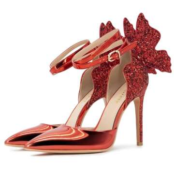 FINDVELL Red High Heels Butterfly Back Sexy Stiletto Pumps Closed Toe Sparkly Ankle Strap Heels Sandals Dress Shoes for Women Size 7.5