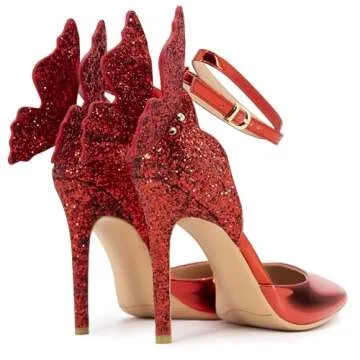 FINDVELL Red High Heels Butterfly Back Sexy Stiletto Pumps Closed Toe Sparkly Ankle Strap Heels Sandals Dress Shoes for Women Size 7.5