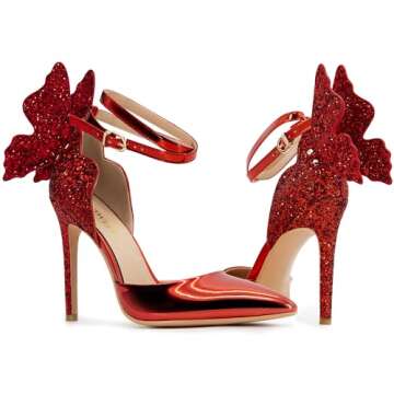 FINDVELL Red High Heels Butterfly Back Sexy Stiletto Pumps Closed Toe Sparkly Ankle Strap Heels Sandals Dress Shoes for Women Size 7.5