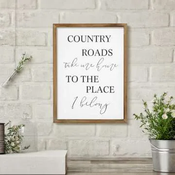 JUMBO DECOR Country Roads Take Me Home Wall Sign for Home, Living Room, Large Farmhouse Country Sign with Solid Wood Frame, Vintage Country Wall Art