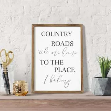JUMBO DECOR Country Roads Take Me Home Wall Sign for Home, Living Room, Large Farmhouse Country Sign with Solid Wood Frame, Vintage Country Wall Art