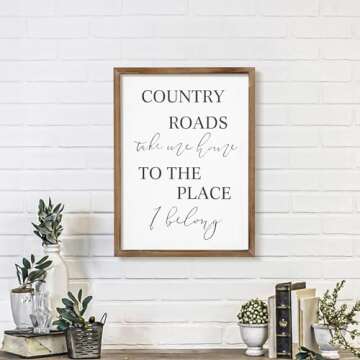 JUMBO DECOR Country Roads Take Me Home Wall Sign for Home, Living Room, Large Farmhouse Country Sign with Solid Wood Frame, Vintage Country Wall Art