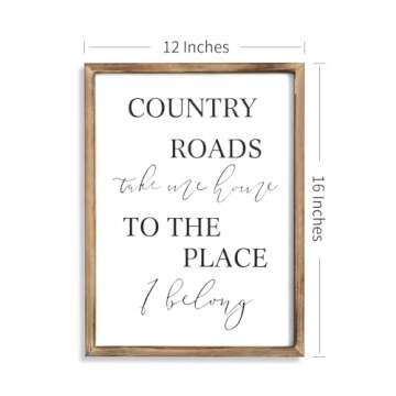 JUMBO DECOR Country Roads Take Me Home Wall Sign for Home, Living Room, Large Farmhouse Country Sign with Solid Wood Frame, Vintage Country Wall Art