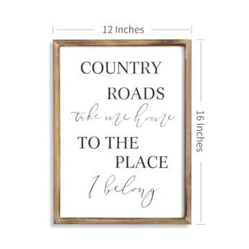 JUMBO DECOR Country Roads Take Me Home Wall Sign for Home, Living Room, Large Farmhouse Country Sign with Solid Wood Frame, Vintage Country Wall Art