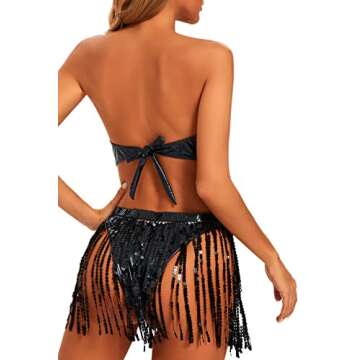 Rave Outfits for Women - EDC Festival Metallic Holographic Bodysuit Bandeau Top Sequin Tassels Skirt 3 Pcs Bikini
