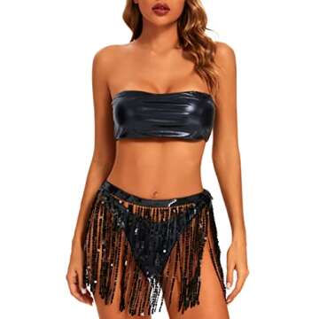 Rave Outfits for Women - EDC Festival Metallic Holographic Bodysuit Bandeau Top Sequin Tassels Skirt 3 Pcs Bikini