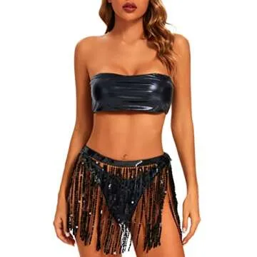 Rave Outfits for Women - EDC Festival Metallic Holographic Bodysuit Bandeau Top Sequin Tassels Skirt 3 Pcs Bikini