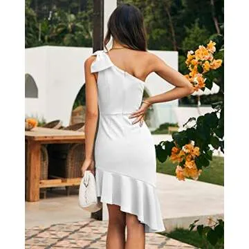 BTFBM Women Fashion One Shoulder Mini Dresses Sleeveless Tie Knot Asymmetrical Mermaid Evening Cocktail Prom Formal Dress(Solid White, Medium)