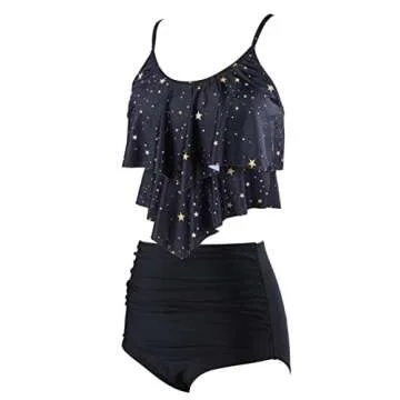 Womens High Waisted Bathing Suits Flounce Halter Tank Top Bikini Bottoms Tummy Control Modest Swimwear Two Piece Swimsuits Tankini Black Star S