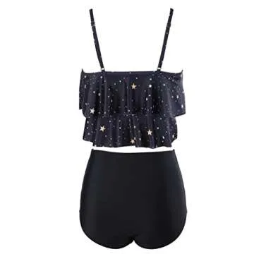 Womens High Waisted Bathing Suits Flounce Halter Tank Top Bikini Bottoms Tummy Control Modest Swimwear Two Piece Swimsuits Tankini Black Star S